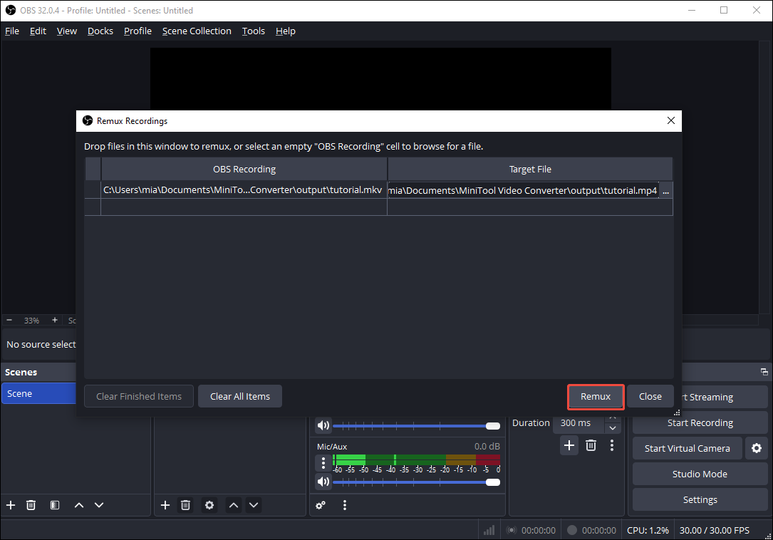 OBS Studio Remux Recordings window with the Remux button selected in the OBS recording column.