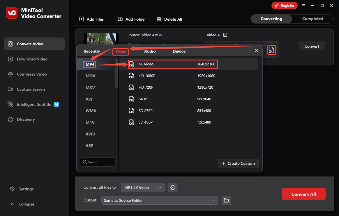 MiniTool Video Converter format option window showing how to set MP4 as the output format in the Convert Video tab.