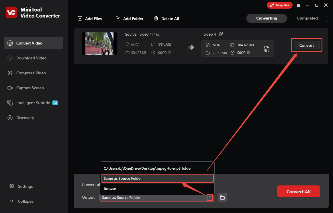 MiniTool Video Converter interface showing how to set a saving path and start conversion in the Convert Video tab.