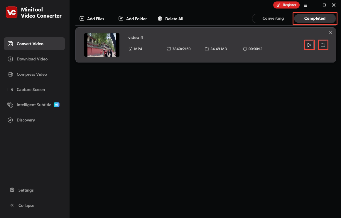 MiniTool Video Converter Completed tab with the Play icon and the Folder icon selected in the Convert Video tab.