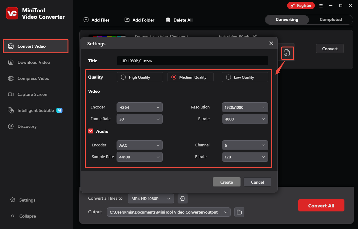 MiniTool Video Converter Convert Video interface displaying customizable video and audio conversion parameters.