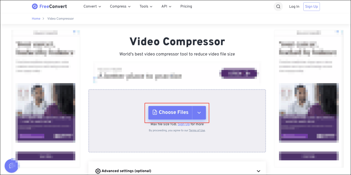 FreeConvert Video Compressor interface with the Choose Files option selected.