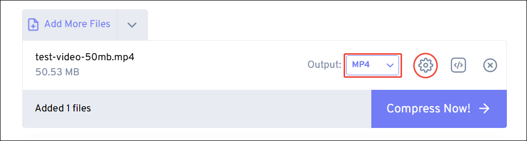 FreeConvert Video Compressor interface with the Output option and the gear icon selected.