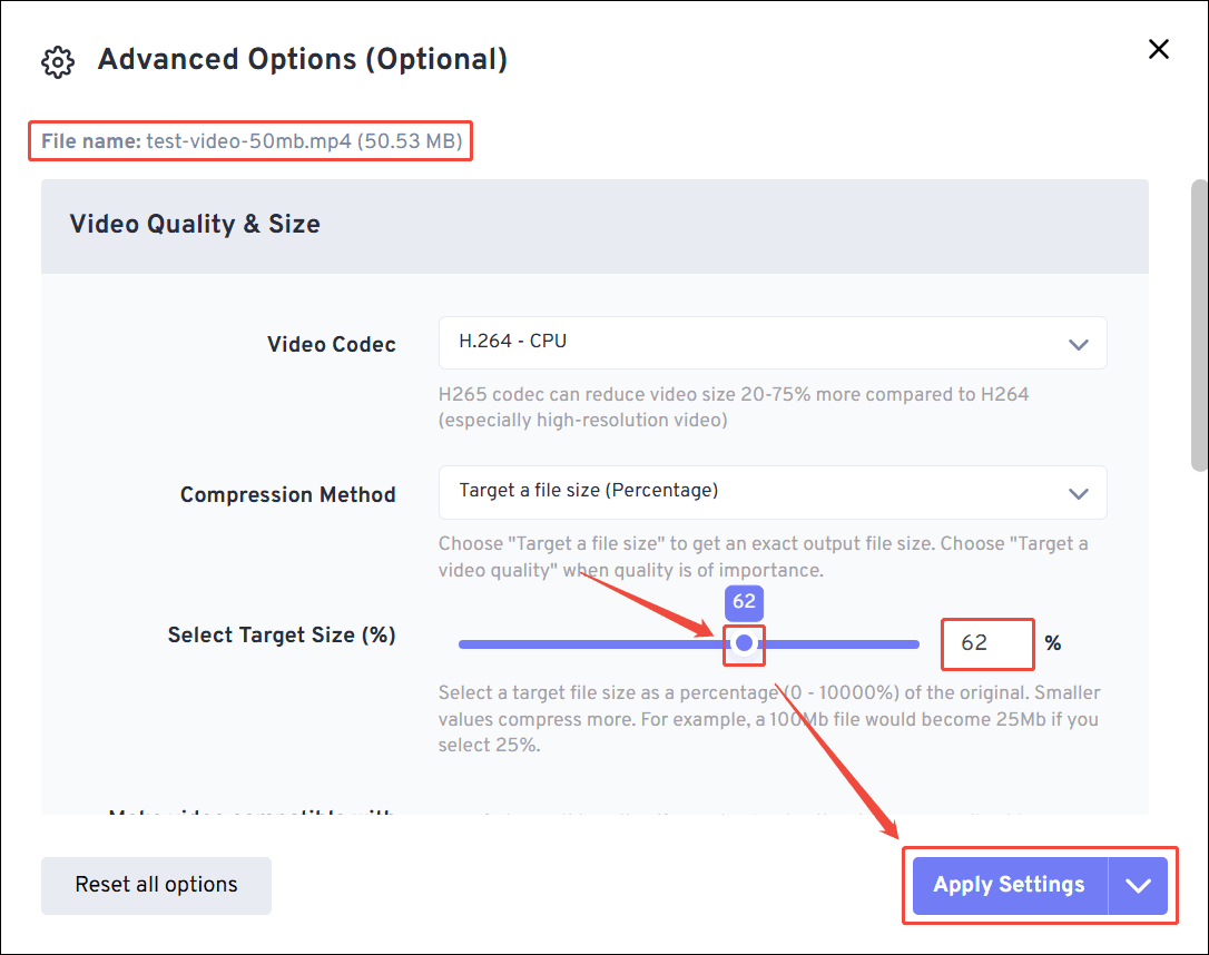 FreeConvert Video Compressor Advanced Options windows showing how to set compression level and apply settings.