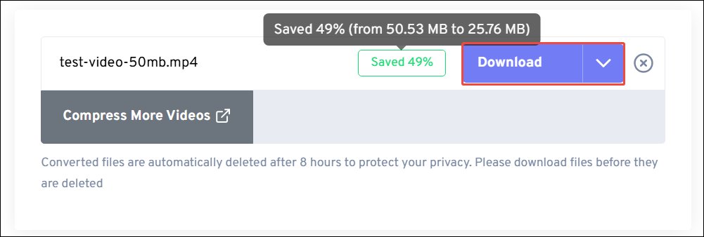 FreeConvert Video Compressor interface with the Download option selected.