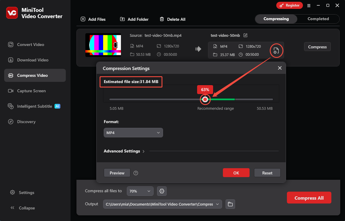 MiniTool Video Converter Compression Settings window showing how to adjust the compression level.