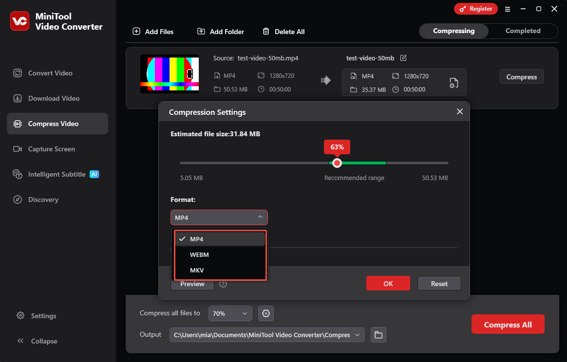 MiniTool Video Converter Compression Settings window with the Format option expanded.