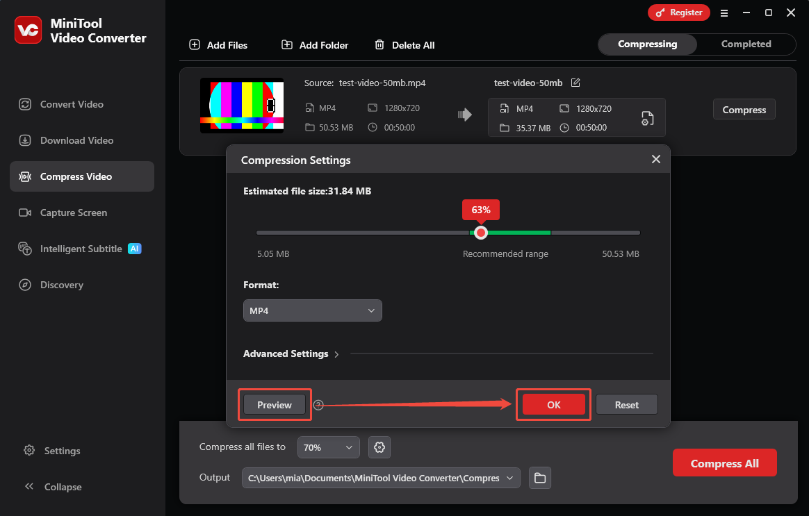 MiniTool Video Converter Compression Settings window showing how to preview the video and confirm settings.