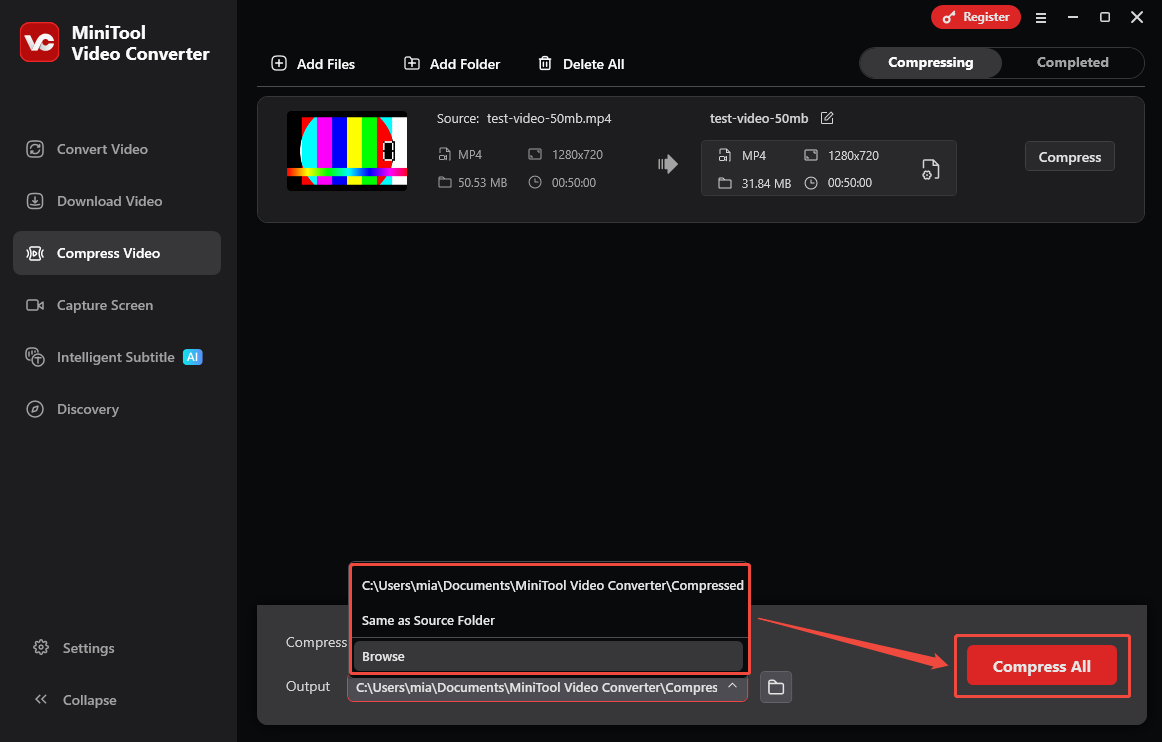 MiniTool Video Converter Compress Video interface showing how to choose the output format and start compression.