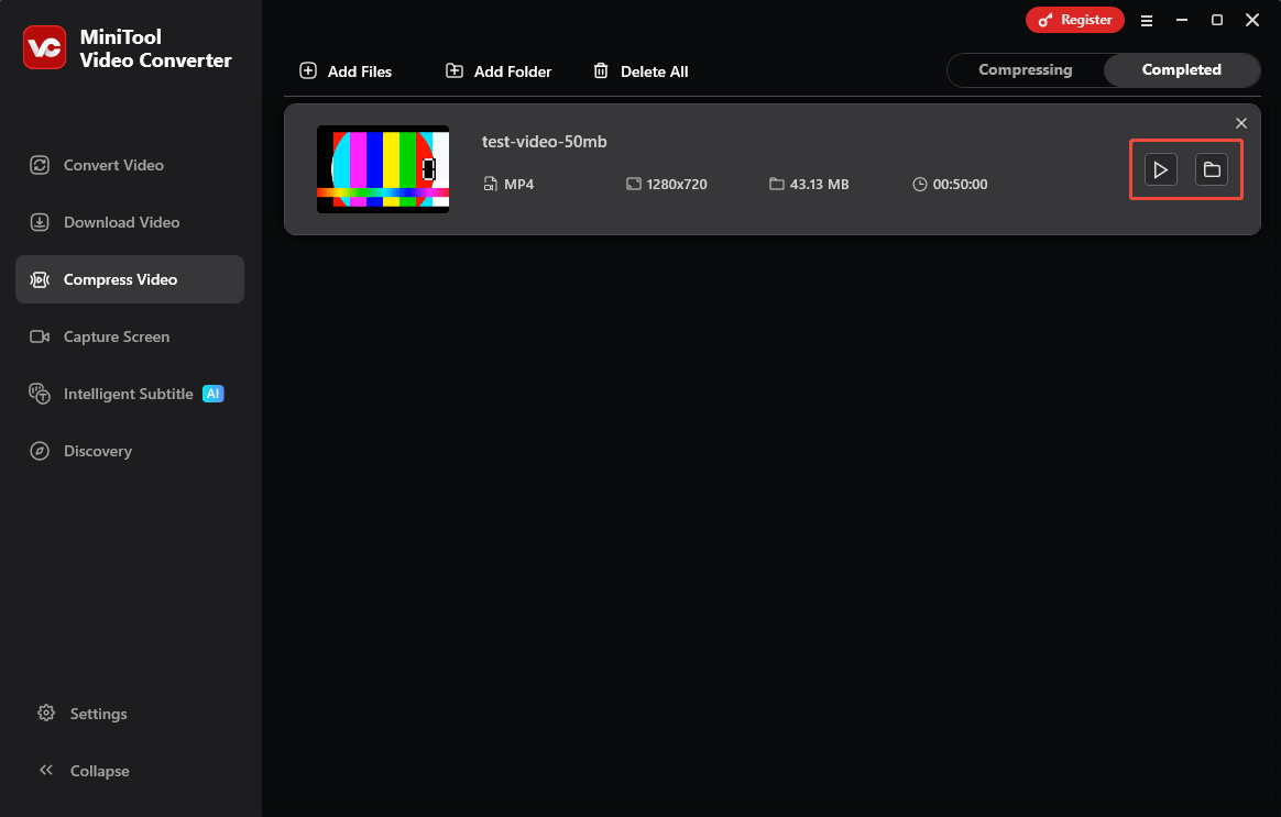 MiniTool Video Converter Compress Video interface with the play icon and the folder icon selected under the Completed tab.