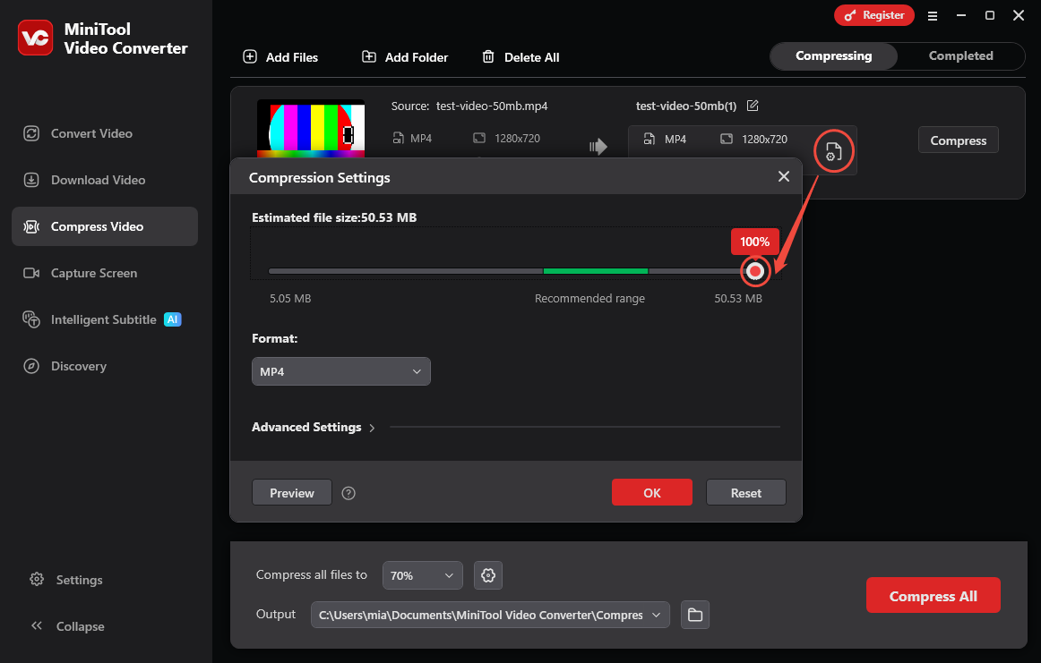 MiniTool Video Converter Compression Settings window with the compression at 100 percent.