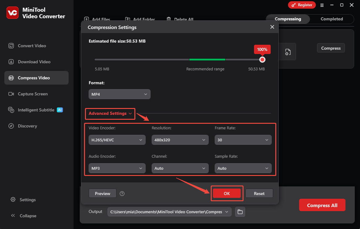 MiniTool Video Converter Compression Settings window showing how to adjust the video parameters.