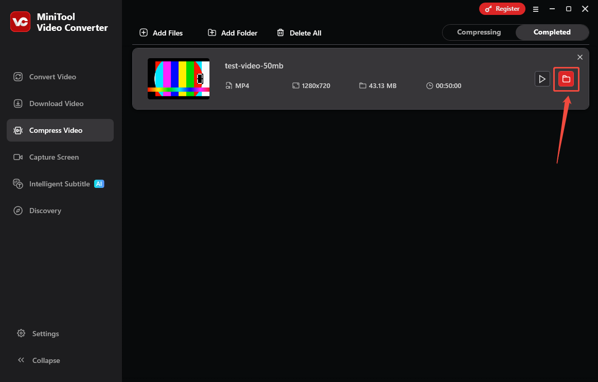 MiniTool Video Converter Compress Video interface with the folder icon selected under the Completed tab.