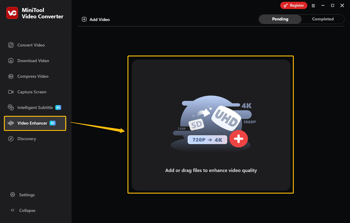MiniTool Video Converter Video Enhancer interface showing how to upload a video.