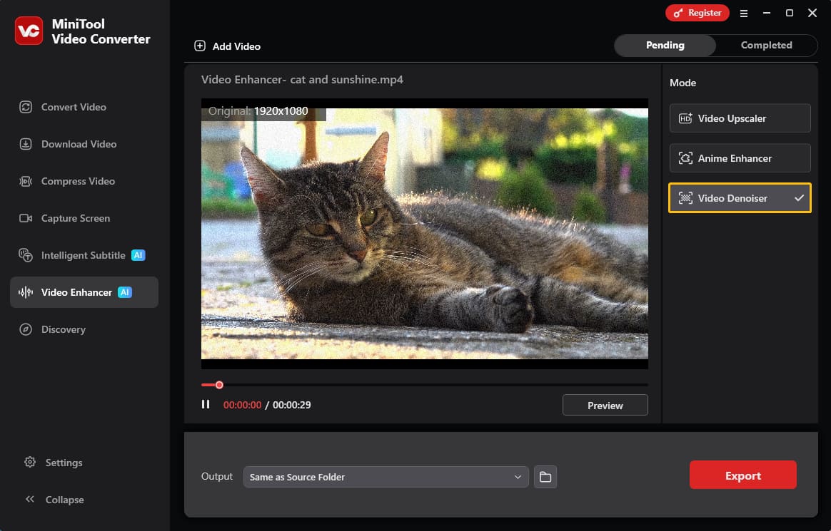 MiniTool Video Converter Video Enhancer interface with the Video Denoiser option selected.