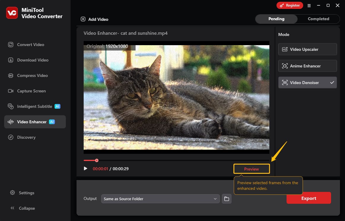 MiniTool Video Converter Video Enhancer interface with the Preview option selected.