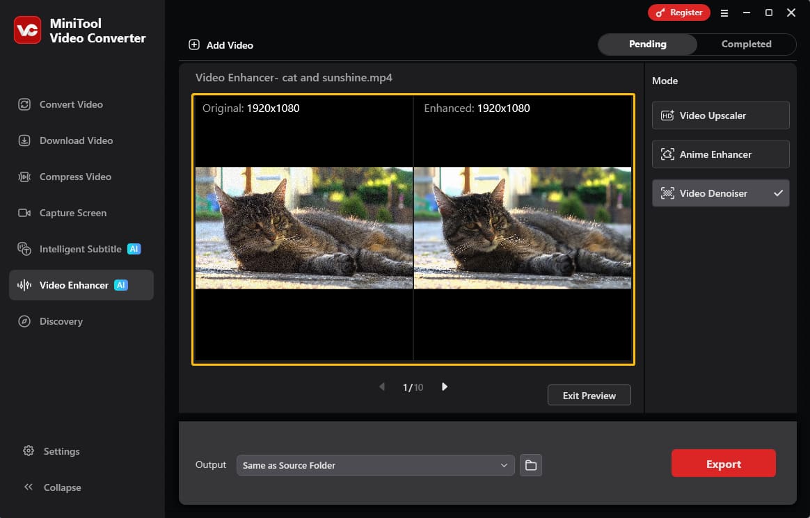 MiniTool Video Converter Video Enhancer interface showing a side by side preview of the original and enhanced video.