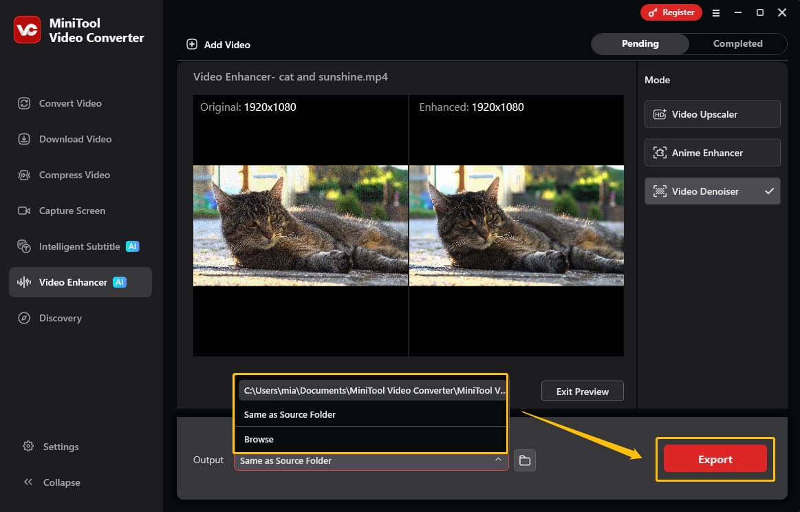 MiniTool Video Converter Video Enhancer interface showing how to set the save location and export the video.