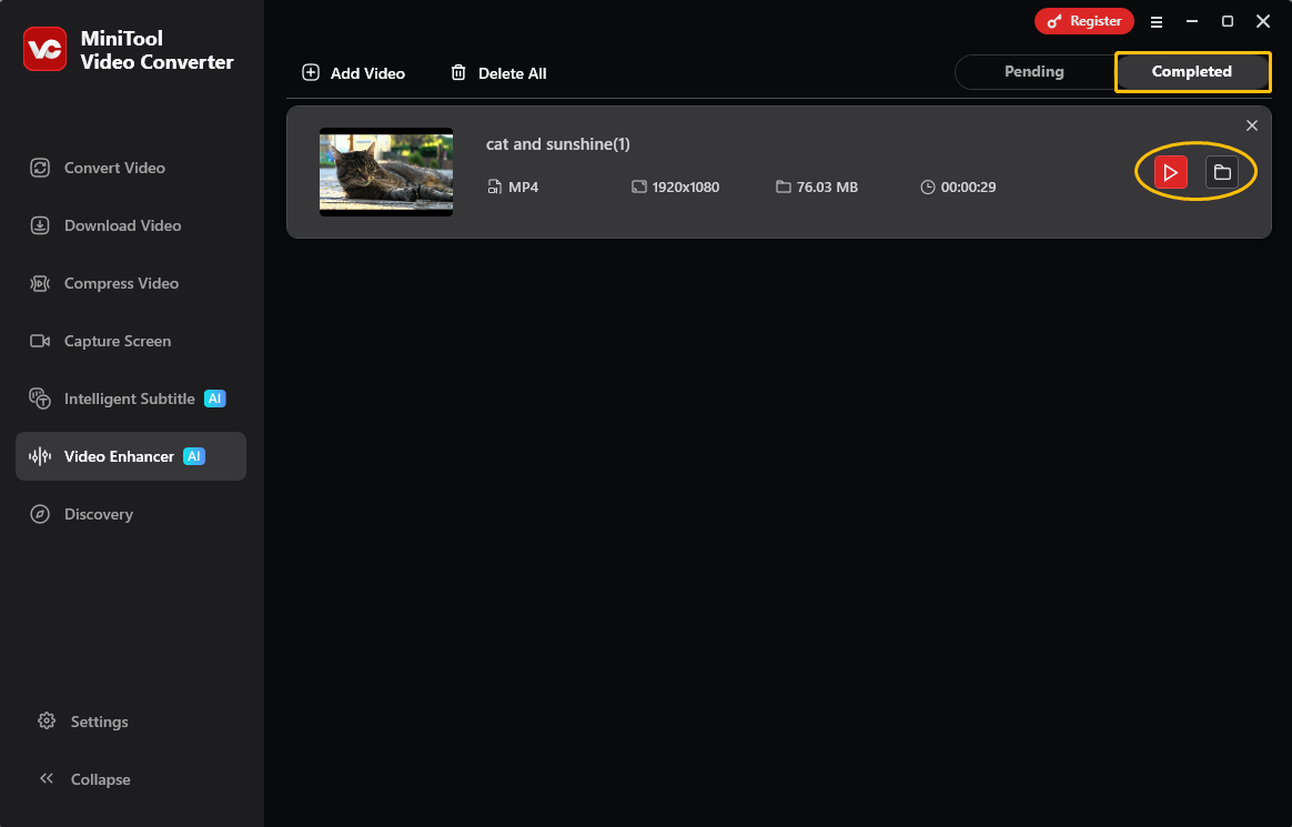 MiniTool Video Converter Video Enhancer interface with the play icon and the folder icon selected under the Completed tab.