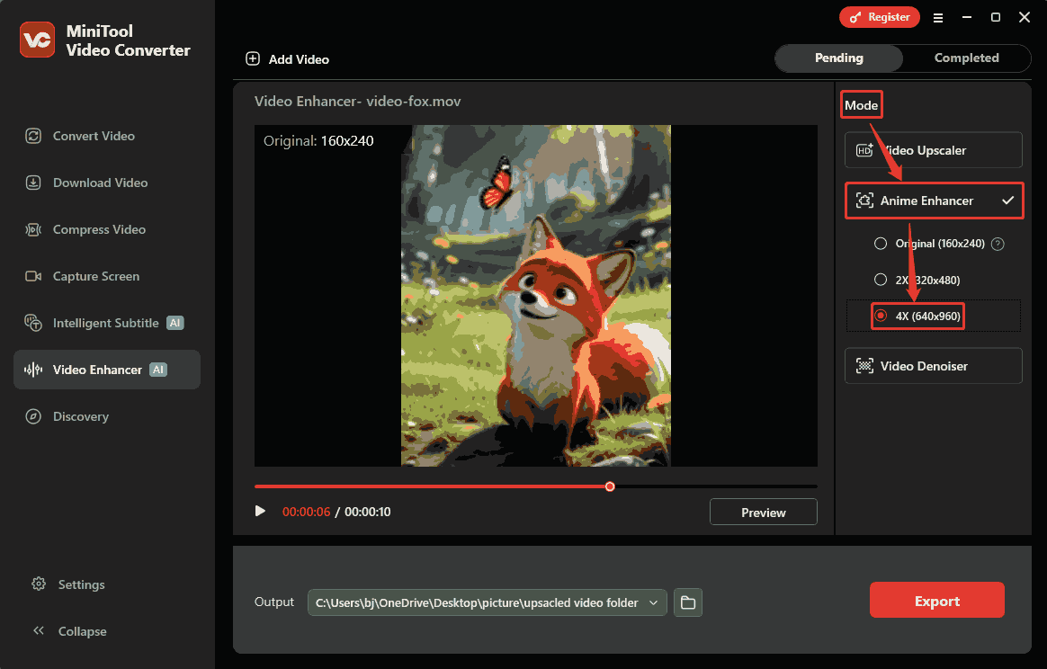 MiniTool Video Converter Mode section showing how to set an enhancement level in the Video Enhancer tab.