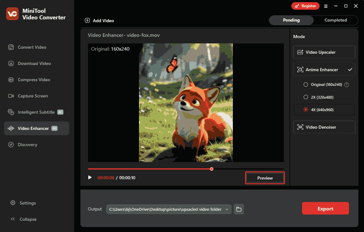 MiniTool Video Converter interface with the Preview button selected in the Video Enhancer tab.