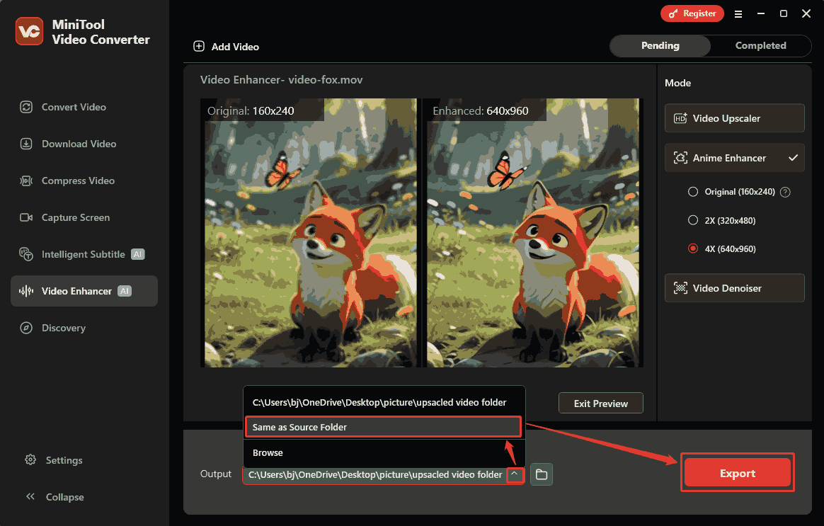 MiniTool Video Converter interface showing how to specify a saving path and start the export process in the Video Enhancer tab.