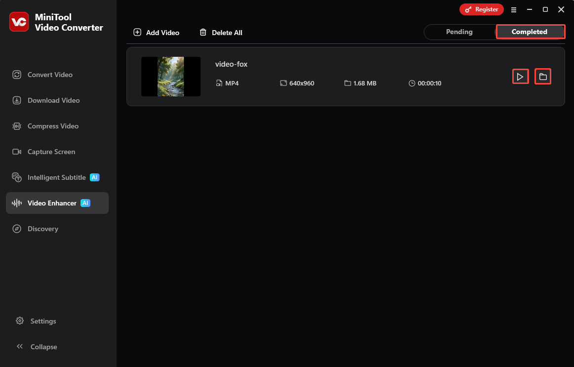 MiniTool Video Converter Completed tab with the Play icon and the Folder icon selected in the Video Enhancer tab.