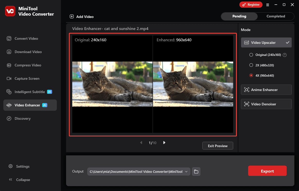 MiniTool Video Converter Video Enhancer interface showing a preview of the original and upscaled video.
