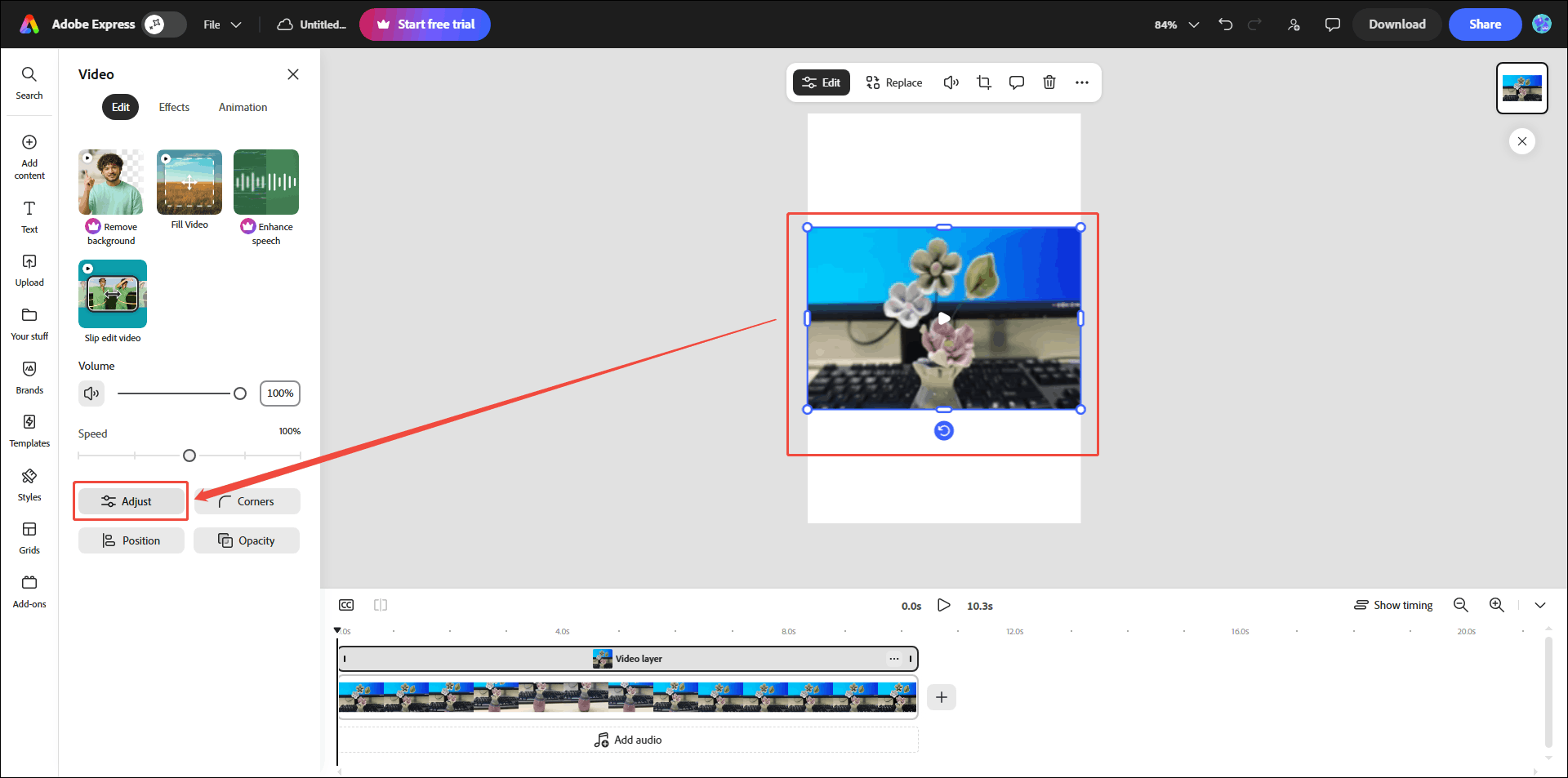 Adobe Express video editor interface with the Adjust option selected.