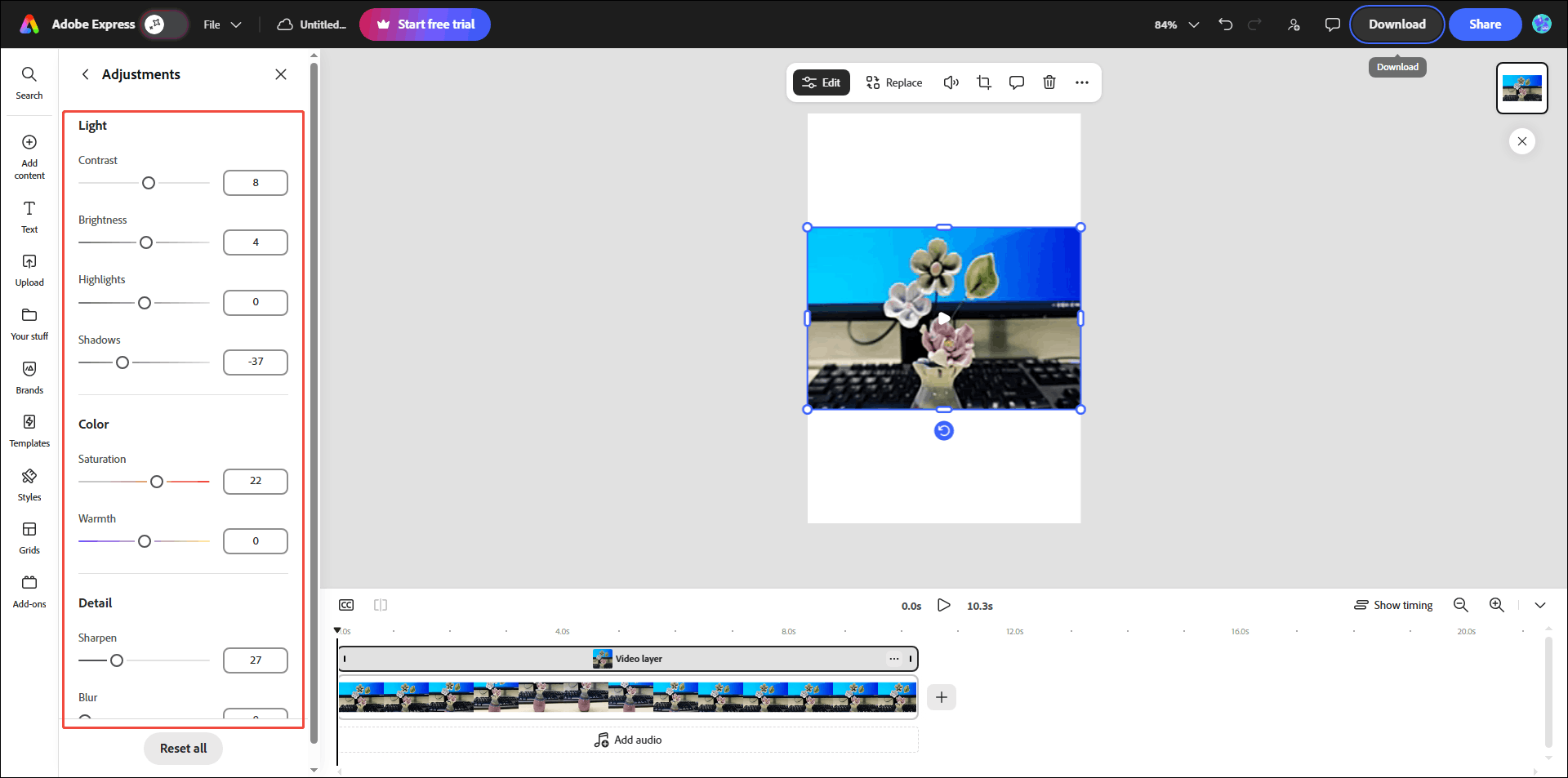 Adobe Express video editor interface with the Adjustments panel on the left.