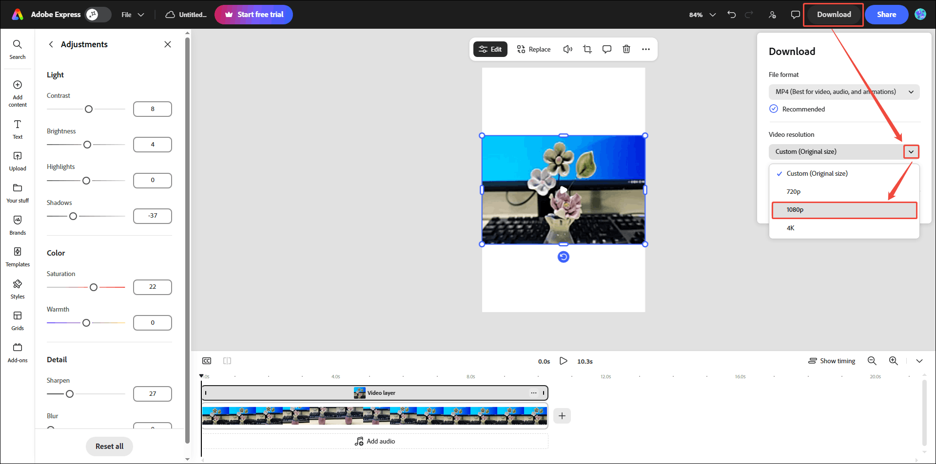 Adobe Express video editor interface showing how to choose the export video resolution.
