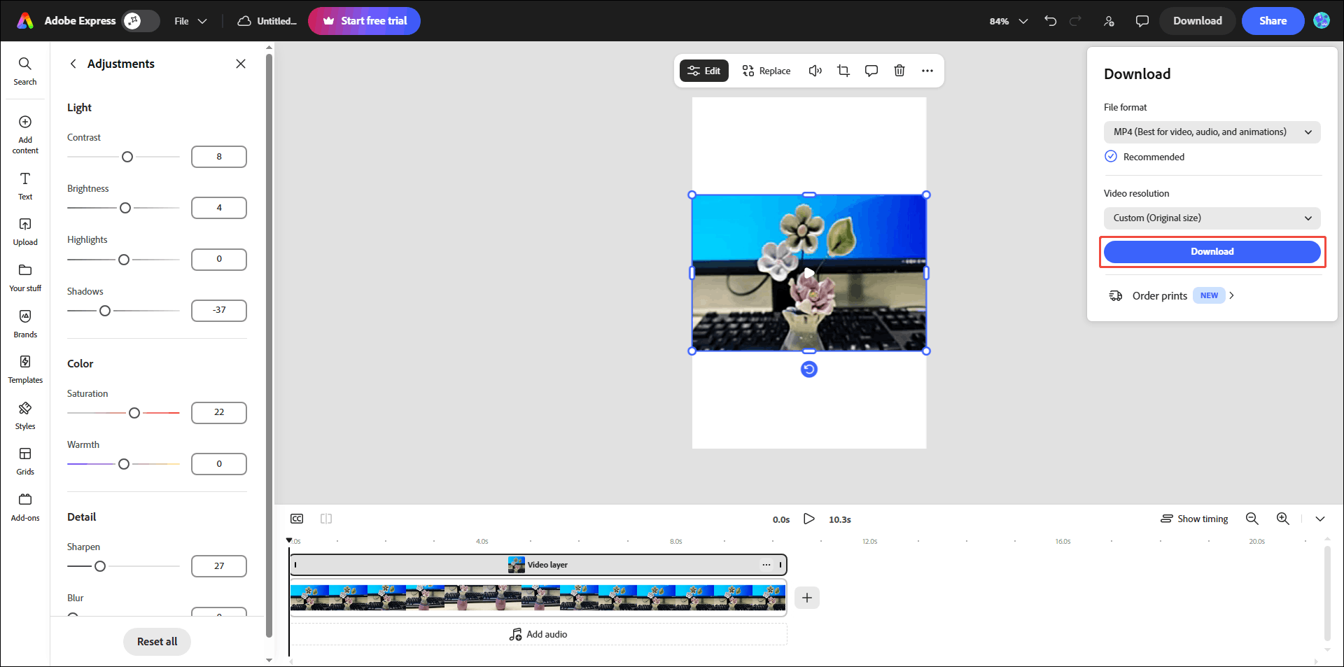 Adobe Express video editor interface with the Download option selected.