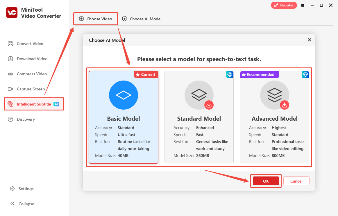 MiniTool Video Converter Intelligent Subtitle interface showing how to select an AI model.