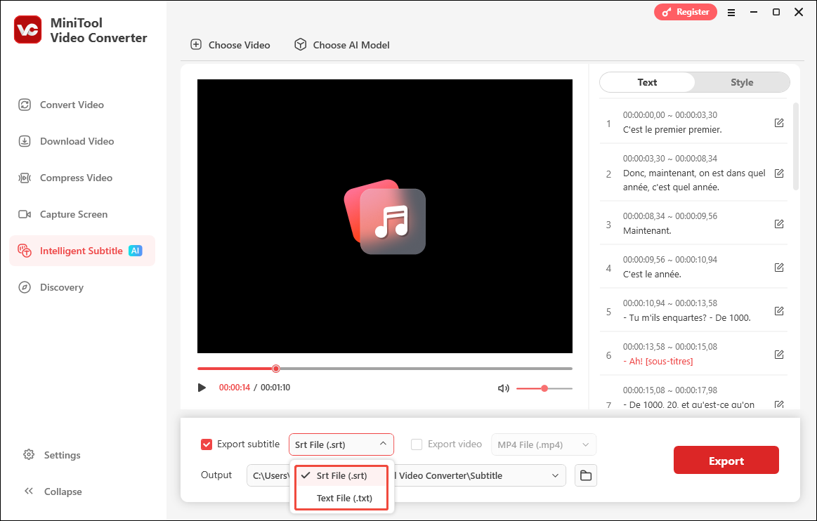 MiniTool Video Converter Intelligent Subtitle interface with the srt and txt options selected.