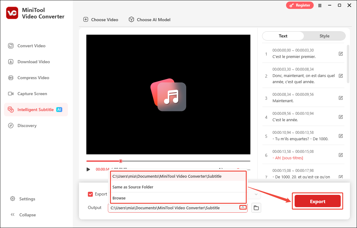 MiniTool Video Converter Intelligent Subtitle interface showing how to choose the save location and export the text file.