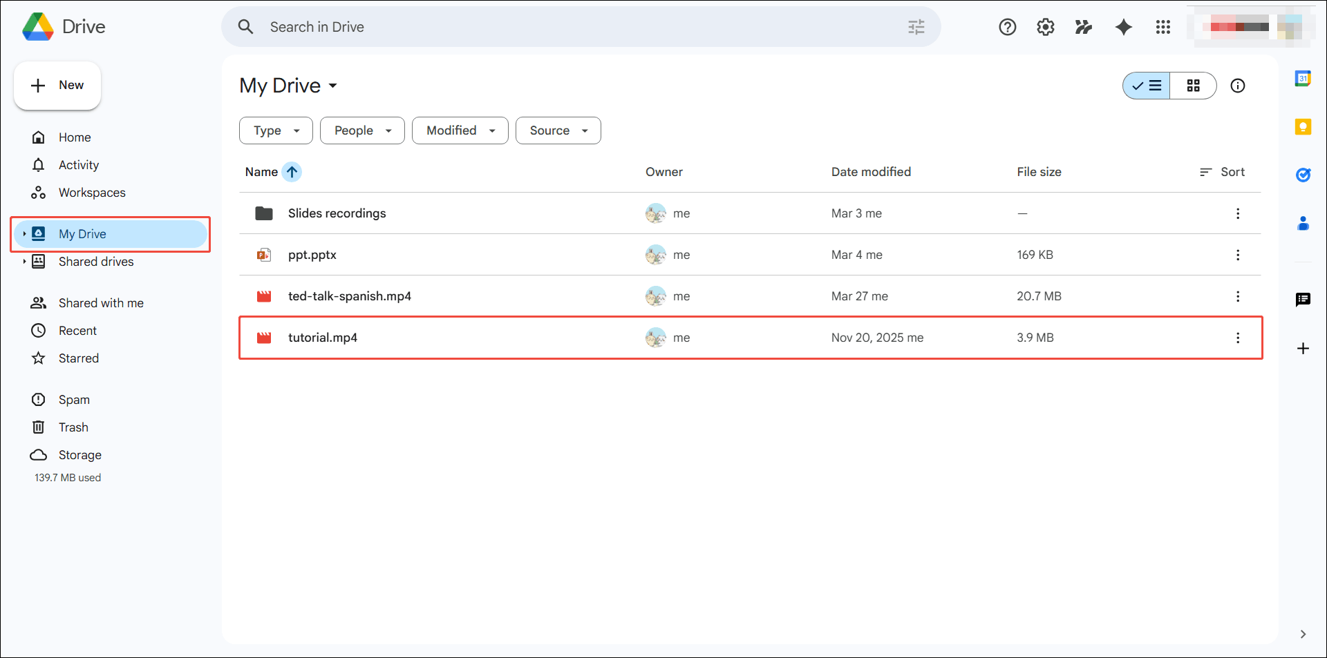 Google Drive My Drive interface with a video selected.
