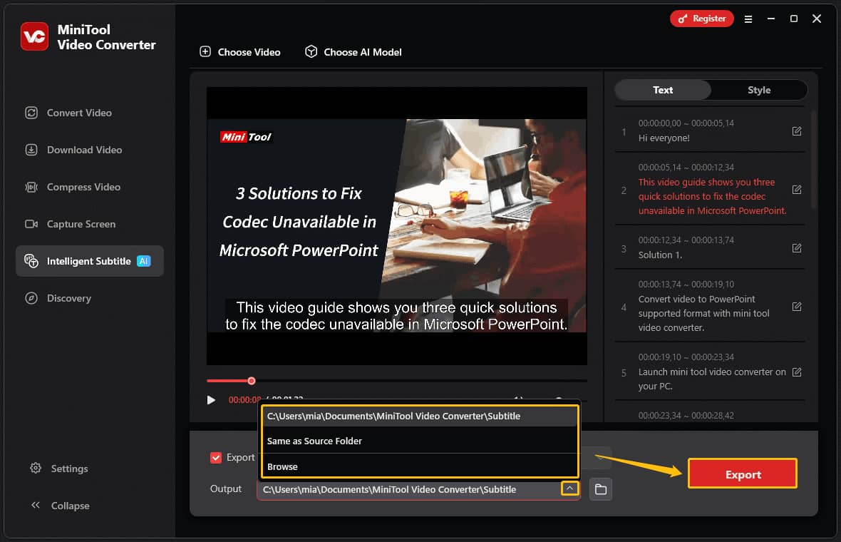 MiniTool Video Converter Intelligent Subtitle interface showing how to choose the output format and export the text file.