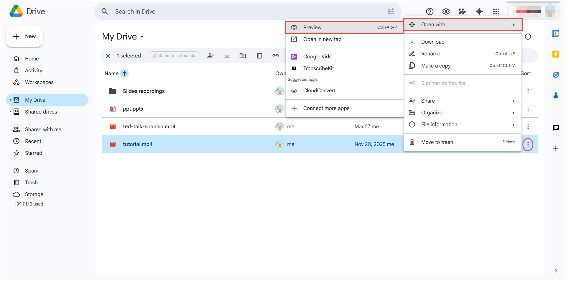 Google Drive More actions menu with the Open with option and the Preview option selected.