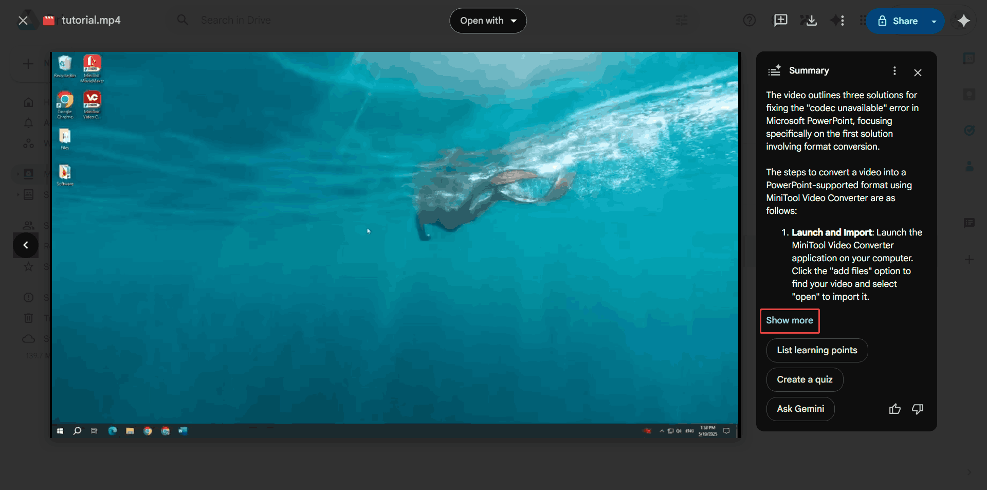 Google Drive video preview interface with the Show more option selected on the right AI summary section.