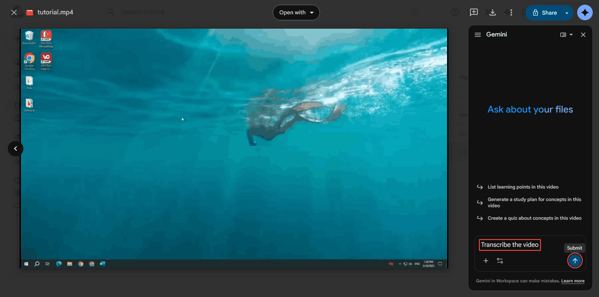 Google Drive video preview interface with the Transcribe the video typed in the text box and the Submit icon selected.