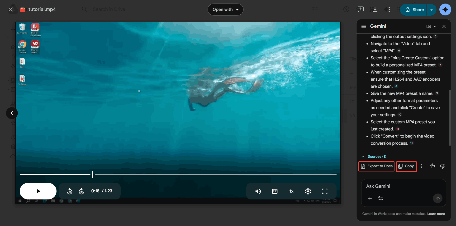 Google Drive video preview interface with the Export to Docs option and the Copy option selected on the Gemini section.