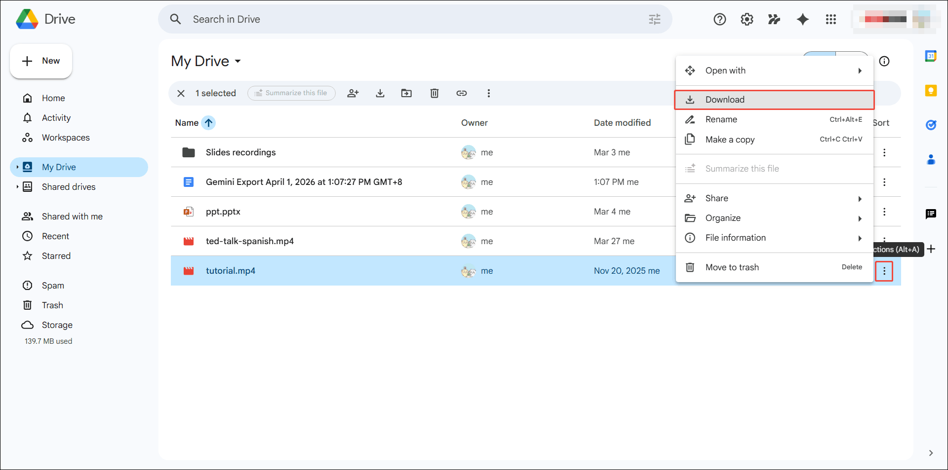 Google Drive My Drive interface with the Download option selected in the More actions menu.