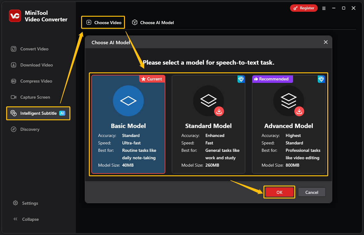 MiniTool Video Converter interface showing how to select the transcription AI model.