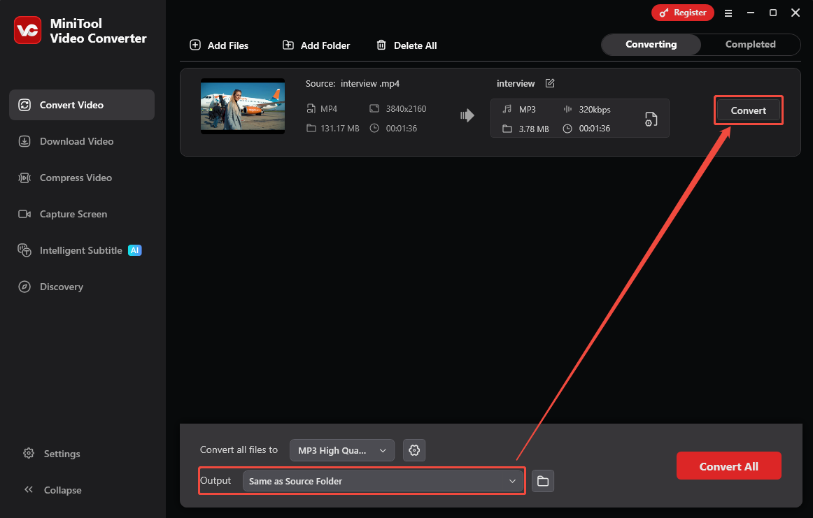 MiniTool Video Converter interface with the Output option and the Convert button selected in the Convert Video tab.