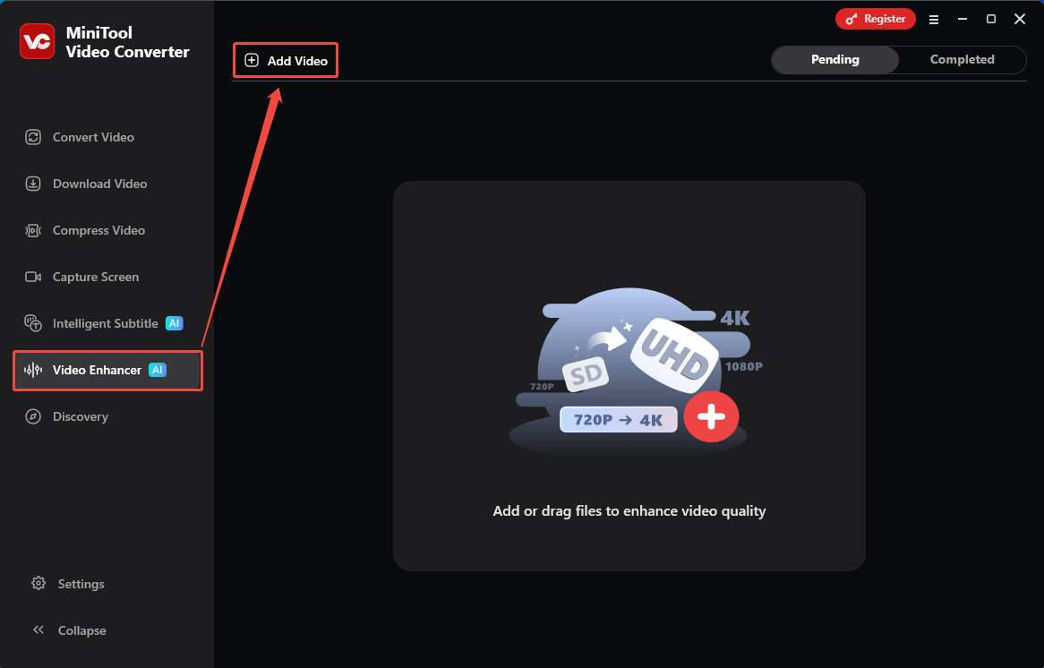 MiniTool Video Converter interface with the Video Enhancer tab and the Add Video option selected.