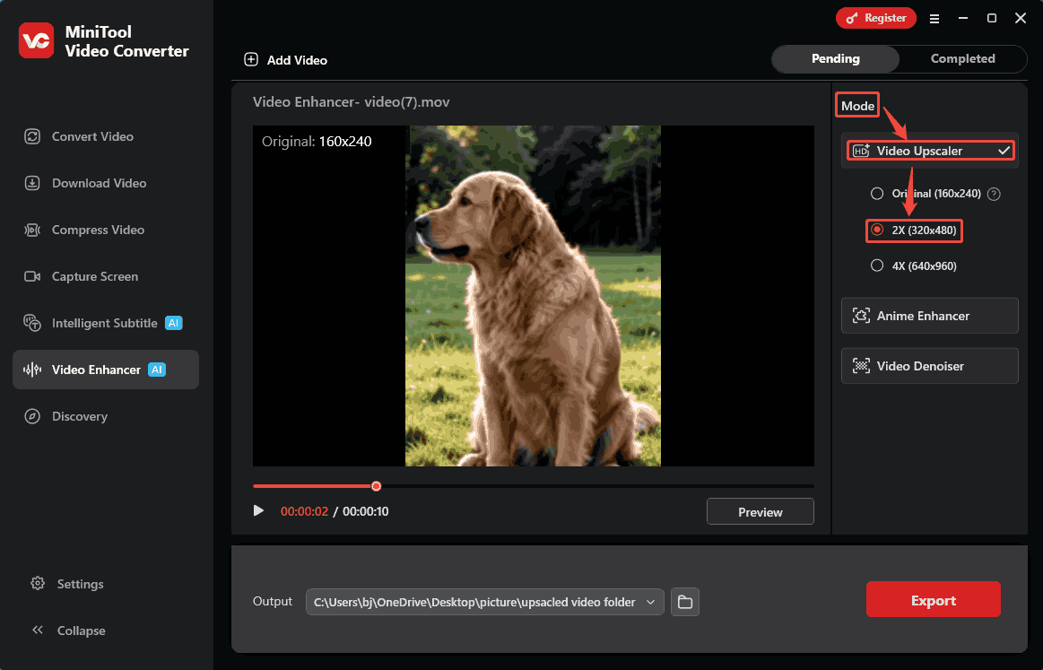 MiniTool Video Converter Mode section showing how to specify an upscaling level in the Video Enhancer tab.