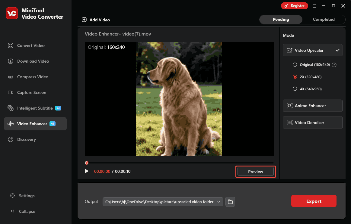 MiniTool Video Converter interface with the Preview button selected in the Video Enhancer tab.