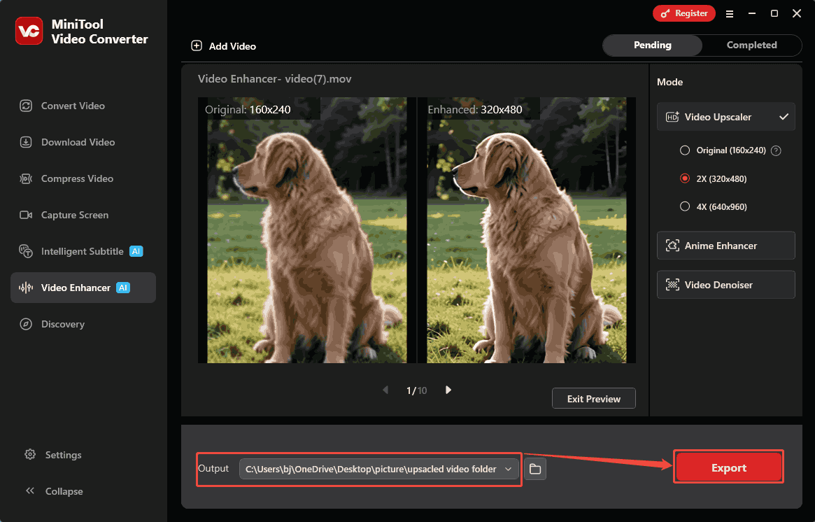 MiniTool Video Converter interface with the Output option and the Export button selected in the Video Enhancer tab.