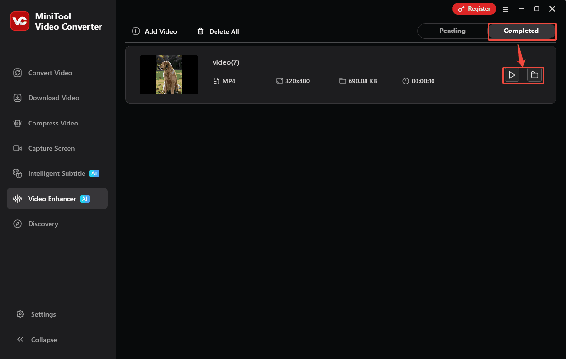 MiniTool Video Converter Completed tab with the Play icon and the Folder icon selected in the Video Enhancer tab.