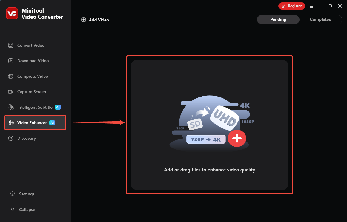 MiniTool Video Converter interface with the Video Enhancer tab and the Add or drag files to enhance video quality option selected.